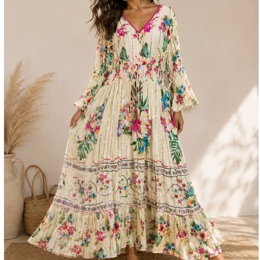 Boho Floral Cream Maxi Dress with Pink Trim